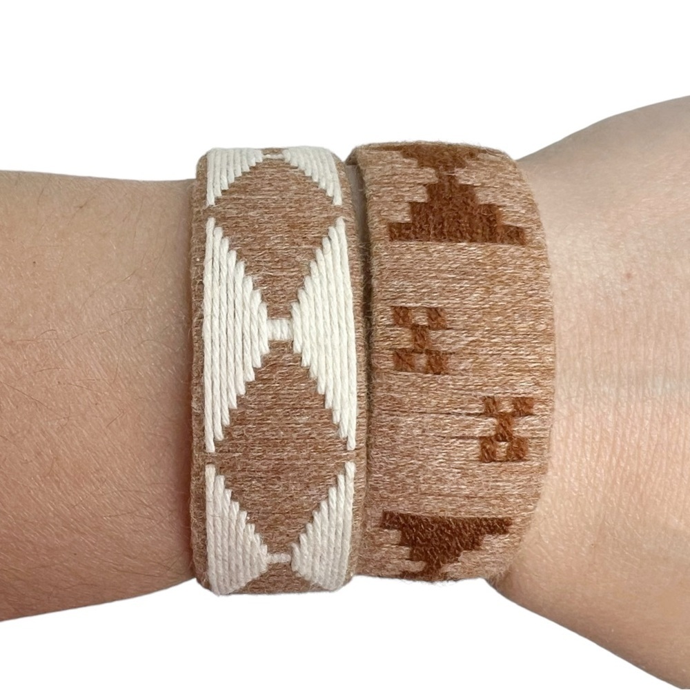 Brown & White Yarn Wrapped Aztec Native Pattern Cuff Bracelets